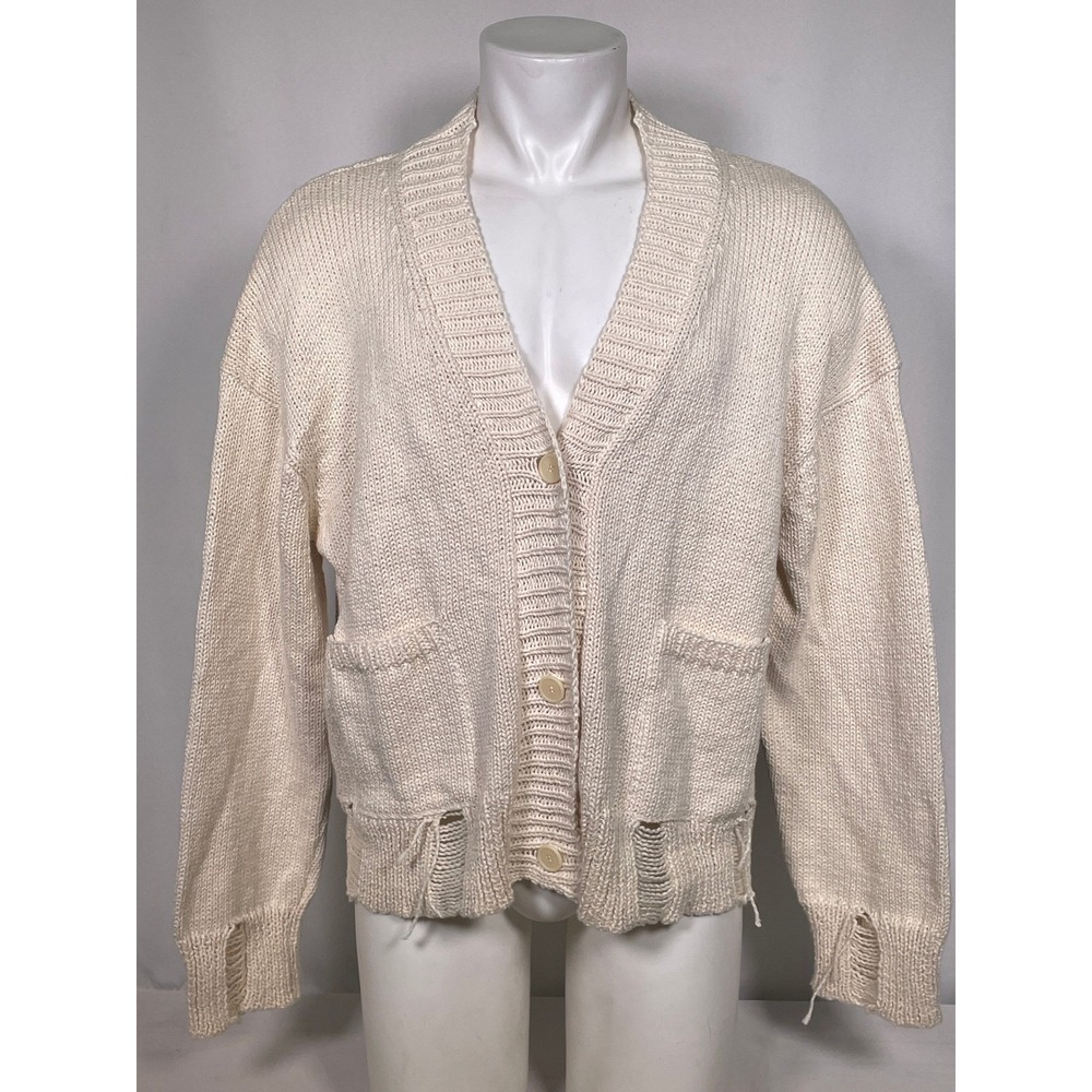 RHUDE Distressed Knit Cream Black Color Block Cardigan Sweater Men's SMALL NWT